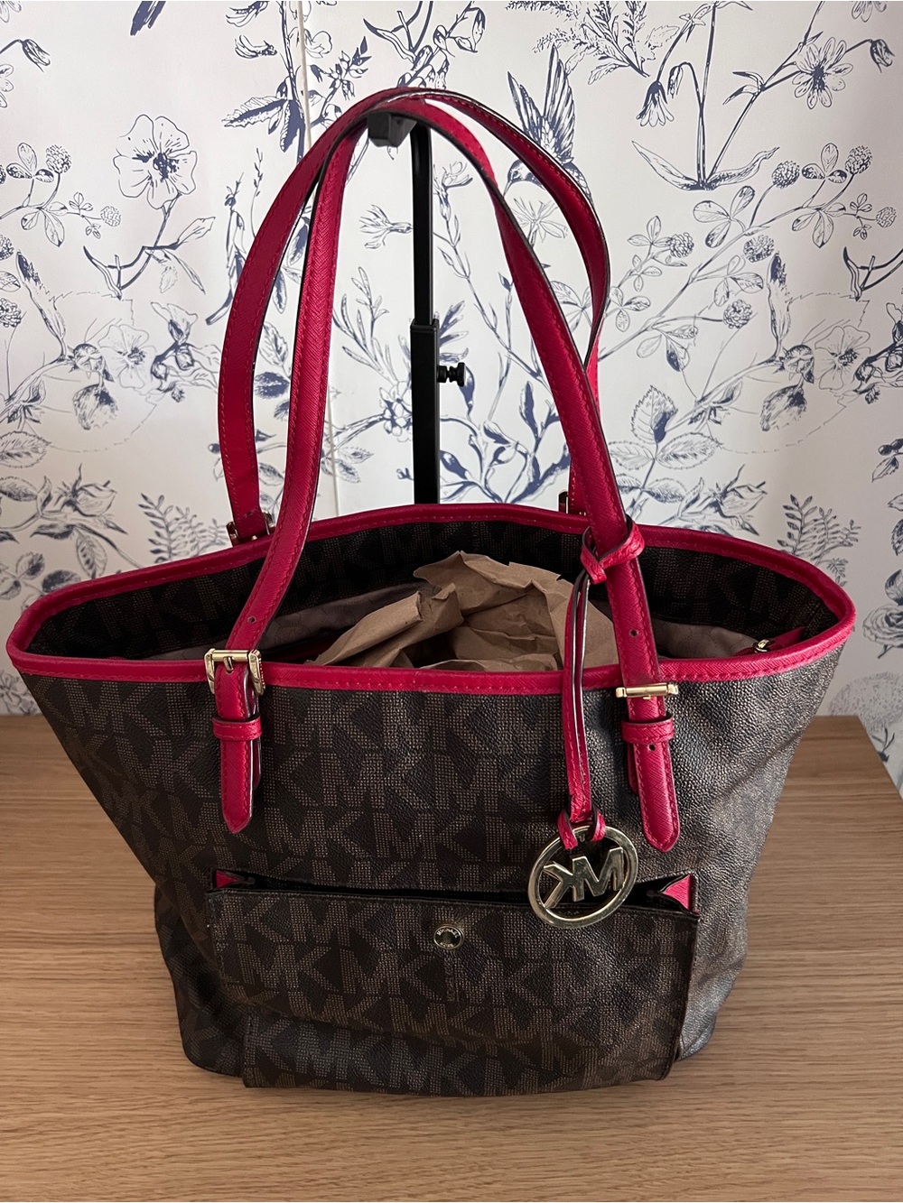 Michael Kors Brown MK Monogram Tote with Red Trim
